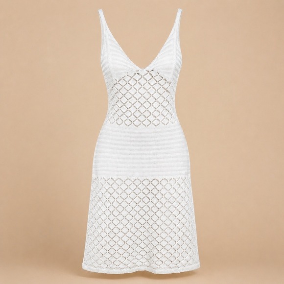 No brand Other - Cream Crochet Knit Halter Slip Sweater Dress S Boho Cottagecore Coastal Beach